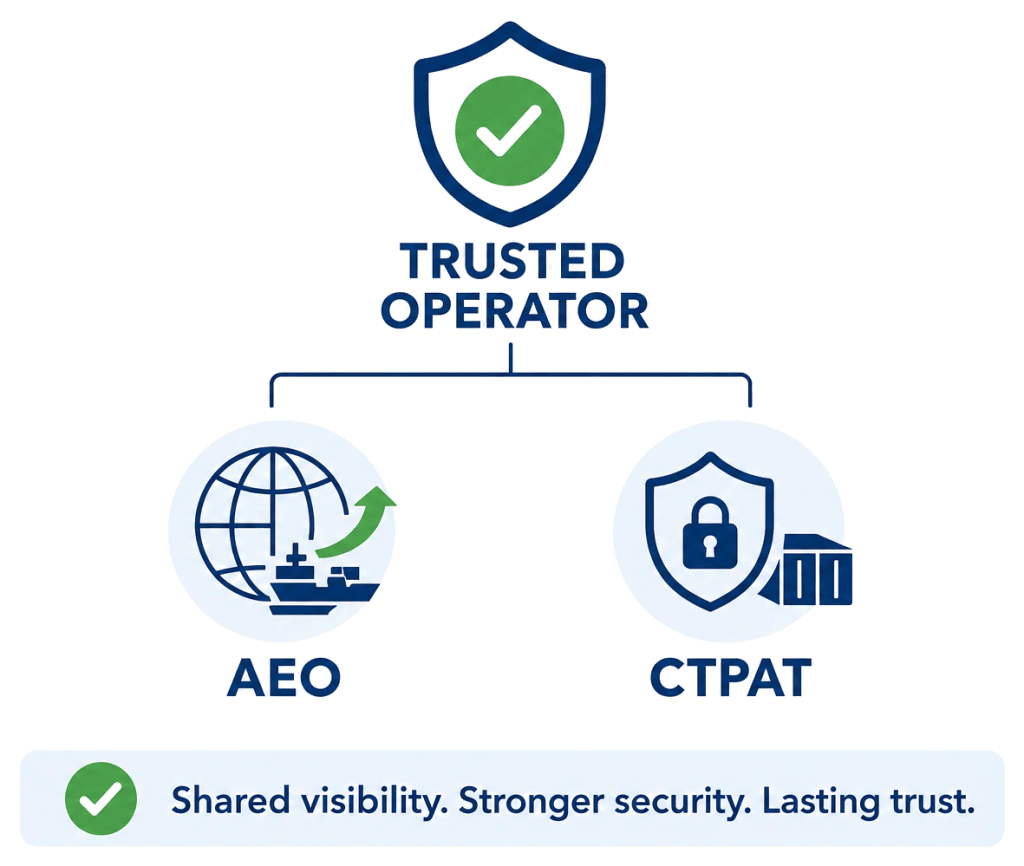 Diagram: trusted operator status built on AEO and CTPAT certifications, for shared visibility, stronger security and lasting trust